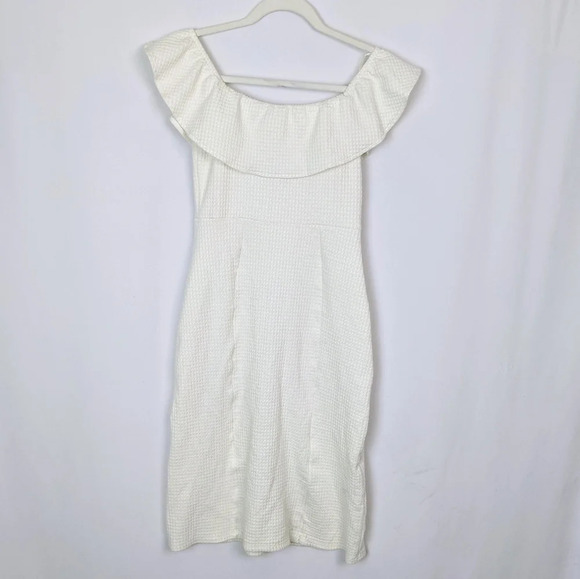 ZARA Textured Weave Sheath Midi Dress Ruffle Off The Shoulder Bridal Wedding M - Picture 7 of 10